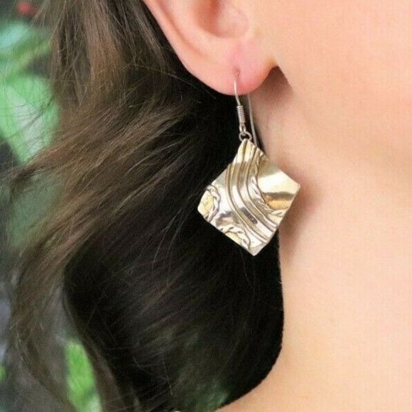 Gold over Sterling Silver Accents Modernist Abstract Dangle Drop Earrings - Picture 2 of 7